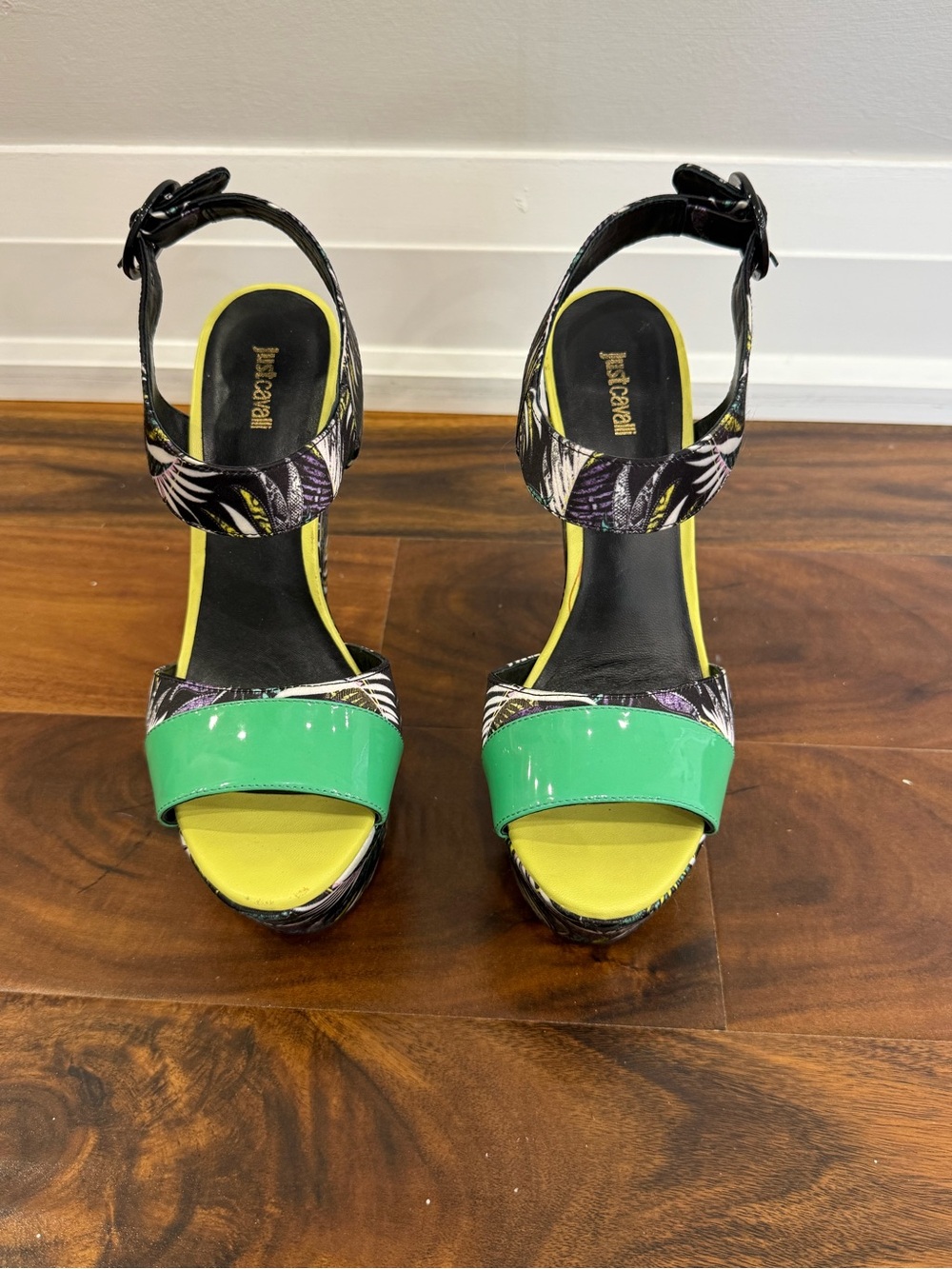 Just Cavalli Green Patent & Yellow Floral Ankle-Strap Heels
